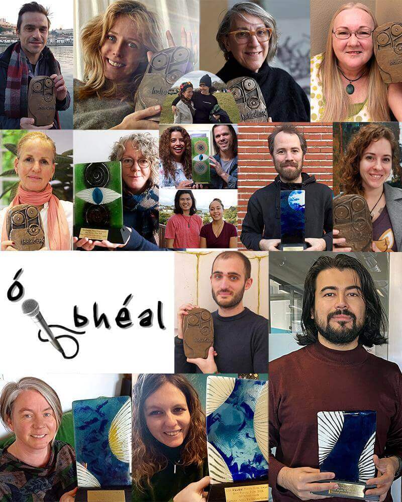 A photo collage of previous winners of Ó Bhéal's international Poetry Film Competition Festival.